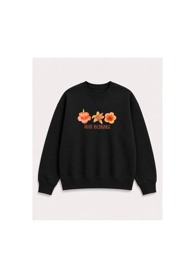 Herkesemoda Turuncu Çiçekler Baskılı 2 İplik Şardonlu Bisiklet Yaka Sweatshirt Siyah