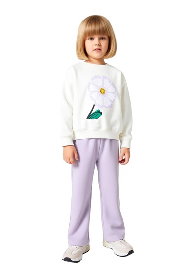 Frm Kız Çocuk Pamuklu Sweatshirt Ve Eşofman Altı Takımı Çiçek Baskılı Ekru
