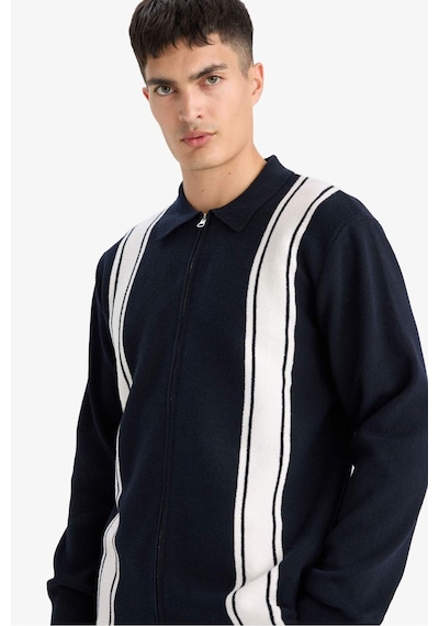 Defacto Standart Fit Polo Yaka Fermuarlı Çizgili Triko Hırka F4981ax25aunv64 Lacivert