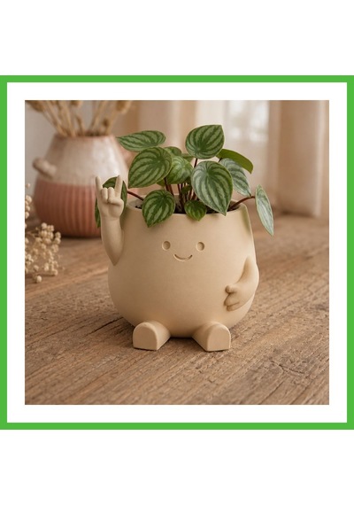 Vaveni 3d Baskı Smiley Face Planter - Gülümseyen Karakterli Saksı-bej Arz
