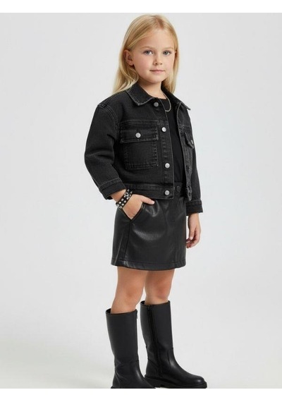 Zekids Kız Çocuk Cepli Crop Kot Ceket-16683 Siyah
