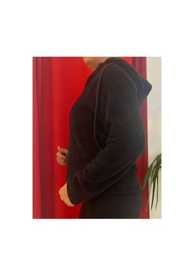 Rouge Basic Kapşonlu Yarım Fermuar Peluş Sweat Siyah