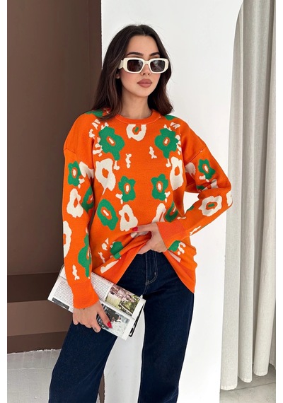 Bisiklet Yaka Uzun Kollu Çiçek Desenli Oversize Triko Kazak Turuncu Turuncu