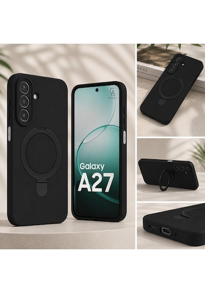 Samsung Galaxy A27 Uyumlu Kılıf M-safe Özellikli Yüzük Standlı Telefon Kılıfı Kapak Siyah