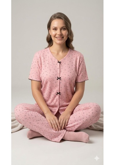 Sleeproom Yazlık Pembe Siyah Zeytin Dalı Desenli Kısa Kol Penye %100 Pamuk Pijama Takım