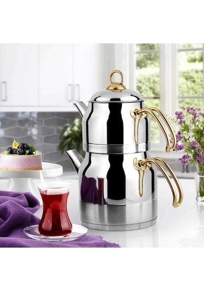 Lines Ayperi Paslanmaz Çelik Çaydanlık Takımı Gold Kulp 7 L Gold
