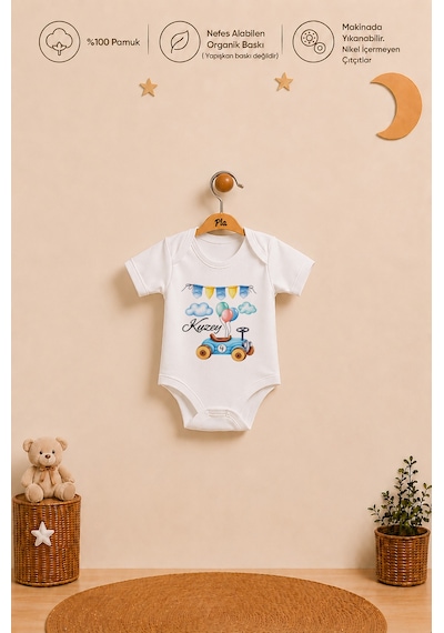 Pia Baby İsme Özel Erkek Bebek Hediye Seti 2'li %100 Pamuk Organik Baskılı Çıtçıtlı Body Zıbın Ve Ham Bez Bebek Kıyafet Kesesi 2071b2k2x Krem