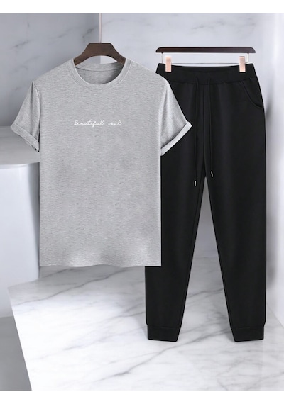 Uyguntarz Unisex Beatiful Soul Tasarım Basklı Tshirt Eşofman Takımı Gri