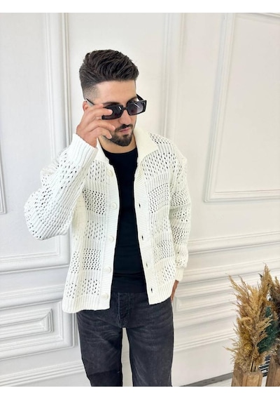 Elku Moda Hırka Oversize Özel Örgülü Triko Desenli Salaş Örgü Hırka Beyaz