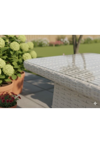 Gardenya Serisi Rattan Örgü Cam Tablalı Dikdörtgen Bahçe Ve Balkon Sehpası Açık Gri