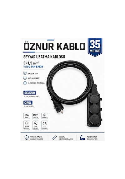 Öznur Kablo Seyyar Uzatma Kablosu 35 Metre Ttr 3x1,5 Mm %100 Tam Bakır Kablo Seldur 3'lü Kauçuk Grup Priz Orel Kauçuk Fiş Ip54 Ip44 35 M