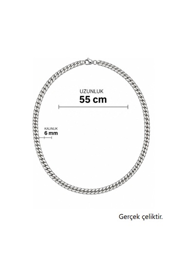 Erkek Çelik Küba Gurmet Zincir Kolye 6 Mm 55 Cm Gümüş