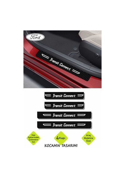 Transit Connect Yazılı Dekoratif Karbon Kapı Koruma Ford Transit Connect İçin Siyah Beyaz Yazılı 4 Parça Kaplama Ford Transit Connect