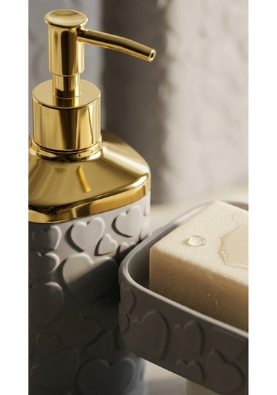 Makri Home 5 Parça Banyo Seti, Kalp Desenli, Gri Gold, Kare, Click Kapaklı, Hacim: 8 Litre Altın - Gri