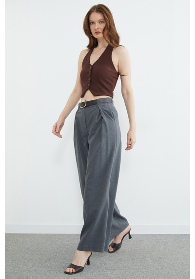Fullamoda Beli Kemerli Pileli Yüksek Bel Pantolon Antrasit