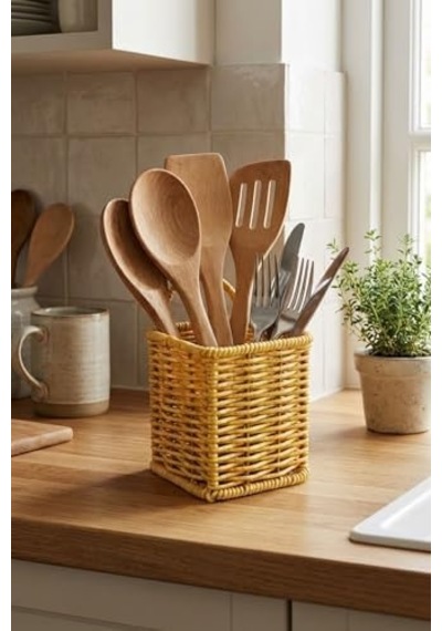Kare Hasır Dokulu Plastik Rattan Kaşıklık Ve Çatallık, Askılı Kendiliğinden Tutmalı Çok Amaçlı Mutfak Organizeri, 10x10x14 Cm Diğer