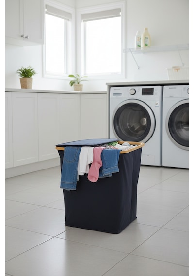 Bambu Çerçeveli 100 Litre Kapaklı Katlanabilir Çamaşır Sepeti, 2 Bölmeli Kirli Sepeti 60x54x33 Siyah