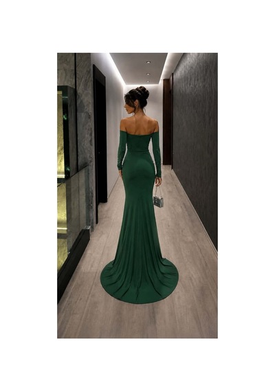 Lior Design Kadın Yeni Sezon Tek Omuz Taş Detaylı Abiye Elbise Zümrüt
