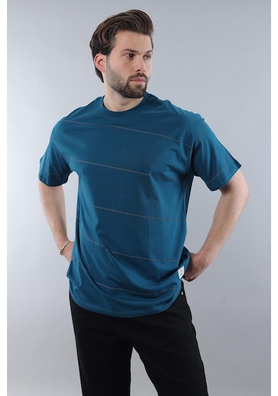 Madmext Petrol Mavisi Bisiklet Yaka Basic Çizgili Erkek T-shirt E7102 Petrol Mavisi