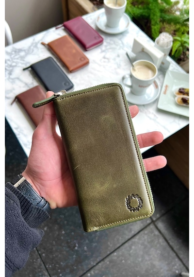 Leo Antik Yeşil Unisex Hakiki Deri Telefon Bölmeli Cüzdan Yeşil