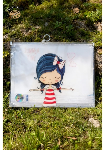 Sunum Proje Dosyası Klips Fermuarlı A4 Boy Ödev Dosyası Kız Desenli 32,5x24,5 Cm 1 Adet Şeffaf