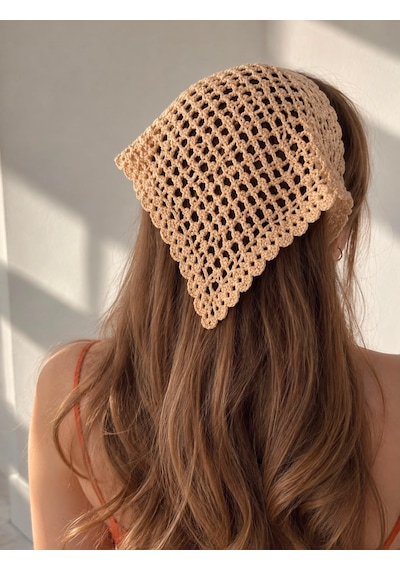 Algebutik Krem Tığ İşi Üçgen Bandana