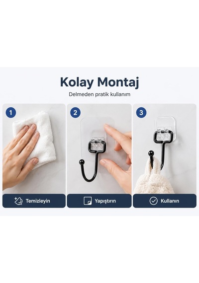 Alper Banyo Yapışkanlı Siyah Askılık, Şeffaf Tabanlı Kancalı Banyo Ve Mutfak Askısı, Delmeden Montajlı Metal Genel