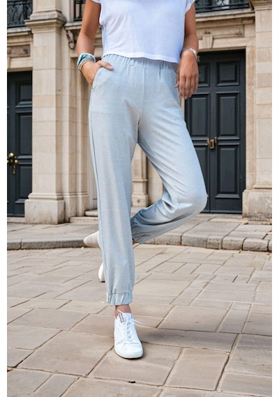 Gri Yüksek Bel, Paçası Lastikli, Spor Jogger Pantolon Gri