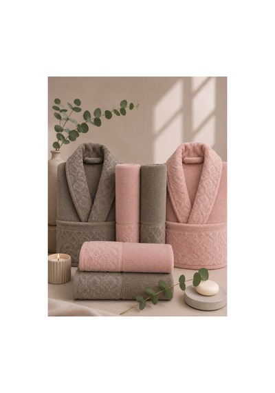 Aile Bornoz Seti 6 Parça %100 Pamuk Banyo Çeyiz Seti Pembe-taba