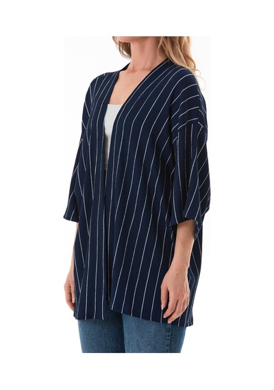 Fullamoda Çizgili Bürümcük Kumaş Kimono Lacivert