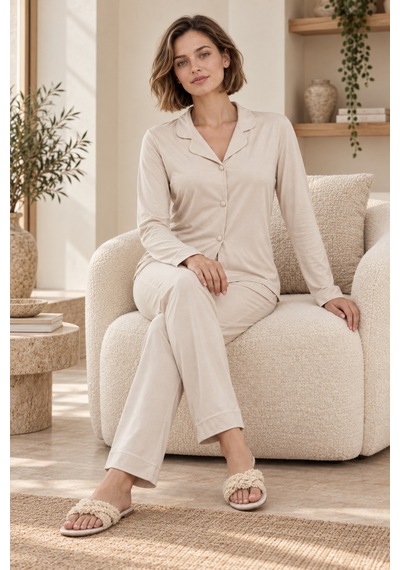 Loule Kadın Bej Klasik Gömlek Yaka Penye Pijama Takımı Düğmeli