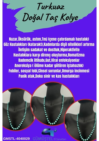 Sertifikalı Doğal Taş Turkuaz Taşı Kolye Aaa Kalite 6mm Çok REnkli