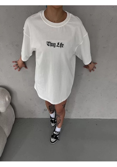 Assema Kadın Bisiklet Yaka Baskılı Oversize T-shirt - Beyaz Çok Renkli