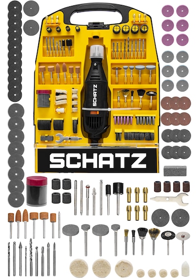 Schatz 302 Parça Devir Ayarlı 125 W Hobi Kalıpçı Gravür Seti El Motoru Mini Taşlama Seti Sarı