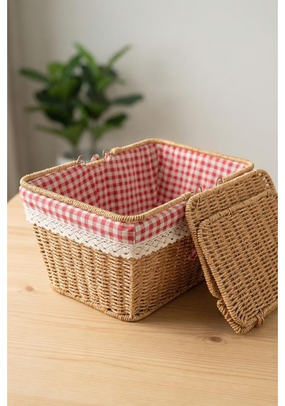 Digithome Kapaklı Rattan Dantelli Dikdörtgen Sepeti -9t14 U/6 Sku: Smgstkcae53a8c2e Açık Ahşap