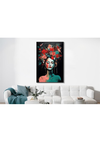 Yağlı Boya Dokulu Tablo Modern Çiçek Saçlı Kadın Siyah Çerçeveli U05012-178964