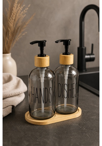Relly Bambu Standlı İkili Cam Sabunluk Seti 2 X 500 Ml Hands & Dıshes Gri