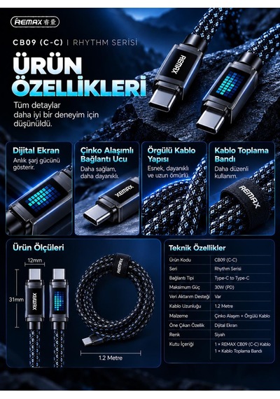 Remax Cb09-cc Rhythm Serisi 240w Type-c To Type-c Mavi Led Işıklı Örgülü Hızlı Şarj Ve Data Kablosu 1.2 Metre