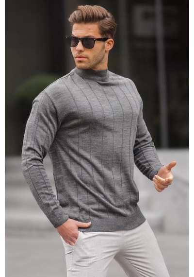 Madmext Antrasit Slim Fit Yarım Balıkçı Yaka Çizgili Tüylenmeyen Erkek Triko Kazak 6344 Antrasit