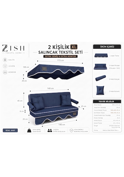 Altaleno 2 Kişilik 140 45 Cm Süngerli Bahçe Balkon Salıncak Minderi Yıkanabilir Kılıflı, Tenteli Keten Kumaş Tekstil Seti 24 Dns 8 Cm Orta Sert Sünger Mavi