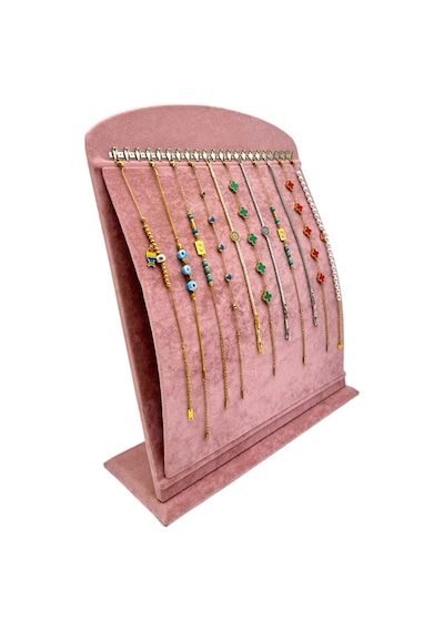 KutuveAksesuar Oval Dikey Bileklik Ve Zincirlik Standı Pembe Süet Pembe