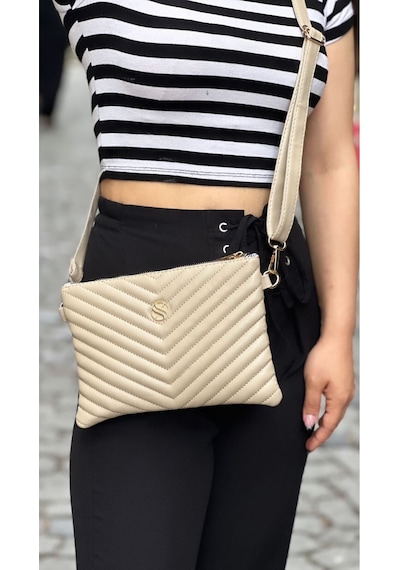 Sanmorris Kadın Suni Deri Kum Mat Ayarlanabilir Çapraz Ve El Askılı Deri Portföy, Clutch Çanta Kum - Bej