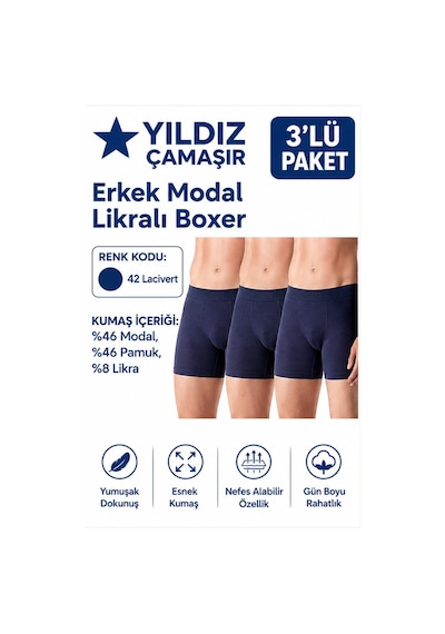 Yıldız Çamaşır Erkek Modal Likralı Boxer 36-37-38-39-40-41-42 - 3 Adet Lacivert