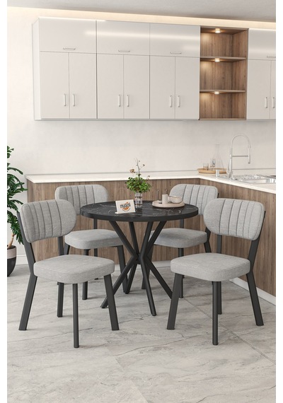 Gnr 90cm Sabit Siyah Mutfak Masası Takımı, Yemek Masası, 4 Modern Gri Sandalye Gri