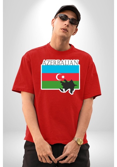 Azerbeycan Bayrak Ülke Pamuklu Bisiklet Yaka Unisex Oversize Boyfriend Dijital Baskılı Kırmızı T-shirt Kırmızı