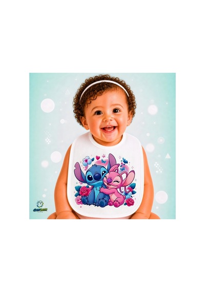 Stitch Ve Angel Keten Bebek Mama Önlüğü Yumuşak - Emici - Yıkanabilir - Özel Tasarım P178 Çok Renkli