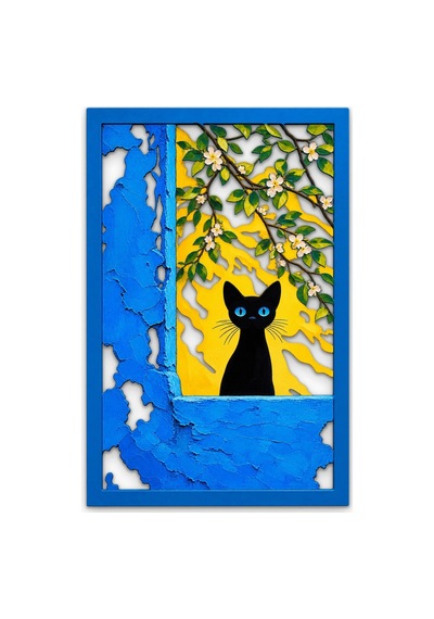 Çiçekli Pencerede Siyah Kedi Metal Tablo 33x50 Cm Çok Renkli