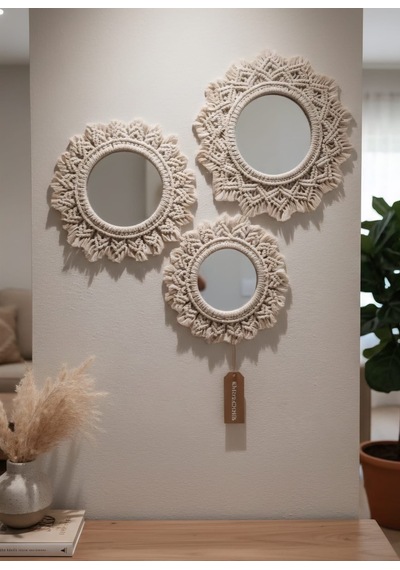 Sonbahar Esintisi Makrome Duvar Aynası Kombini 3'lü Lüks Set 16-18-20 Cm - Ekru Diğer