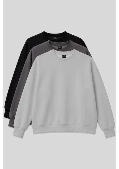 Basic Oversıze O Yaka 3lü Paket Siyah-koyu Gri- Taş Kadın Sweatshirt - 97053 Siyah-koyu Gri-taş