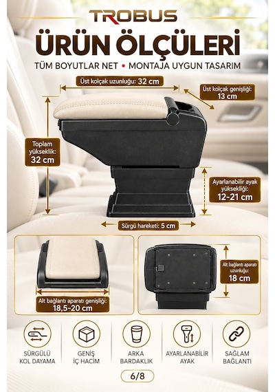 Trobus Dacia Lodgy 2012-2022 Uyumlu Ayarlanabilir Ayaklı Kolçak Kol Dayama Bardaklıklı Bej Siyah